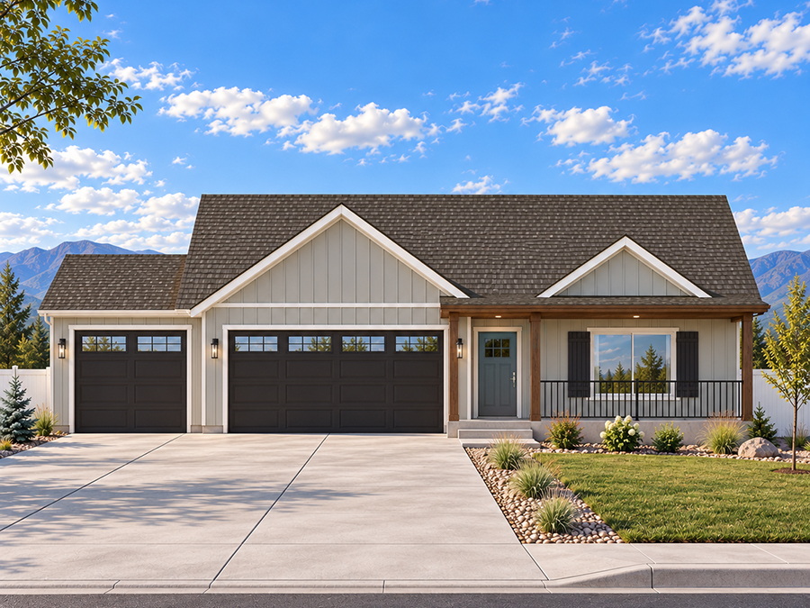 Classic Gray ranch home with three-car garage and covered front porch